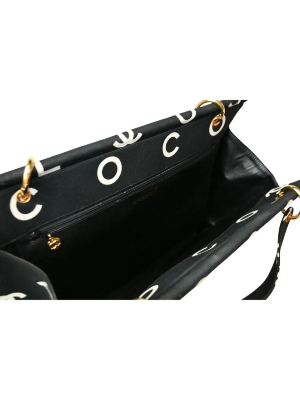 Chanel Handbag Quilted Black White Cotton Canvas Gold
